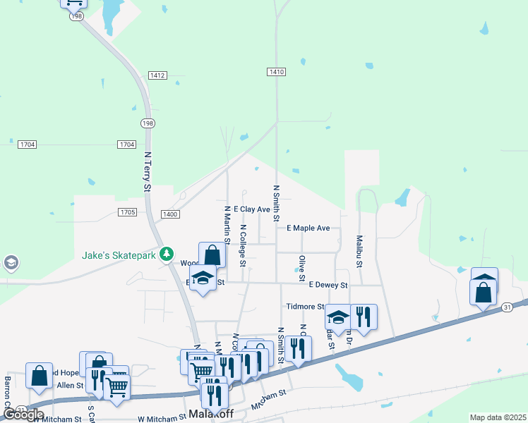 map of restaurants, bars, coffee shops, grocery stores, and more near 711 North Smith Street in Malakoff