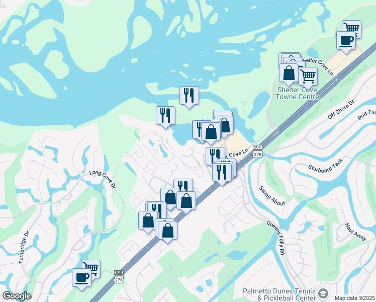 map of restaurants, bars, coffee shops, grocery stores, and more near 1 Shelter Cove Lane in Hilton Head Island