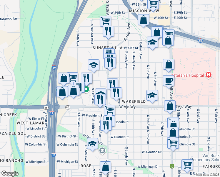 map of restaurants, bars, coffee shops, grocery stores, and more near 3662 South Bronson Lane in Tucson