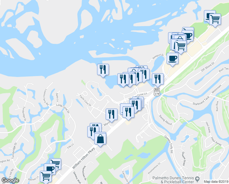 map of restaurants, bars, coffee shops, grocery stores, and more near 9 Shelter Cove Lane in Hilton Head Island