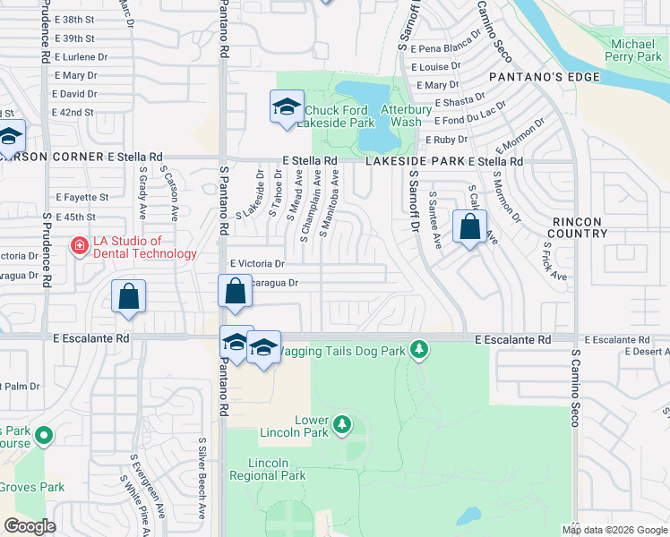 map of restaurants, bars, coffee shops, grocery stores, and more near 8144 East Nicaragua Drive in Tucson