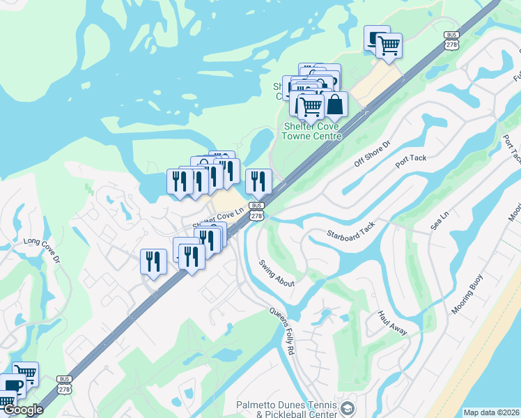map of restaurants, bars, coffee shops, grocery stores, and more near 775 William Hilton Parkway in Hilton Head Island