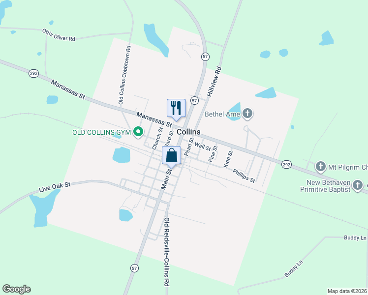 map of restaurants, bars, coffee shops, grocery stores, and more near 225 N Main Street in Collins