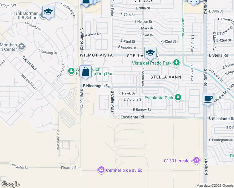 map of restaurants, bars, coffee shops, grocery stores, and more near 3552 South Gleeson Place in Tucson