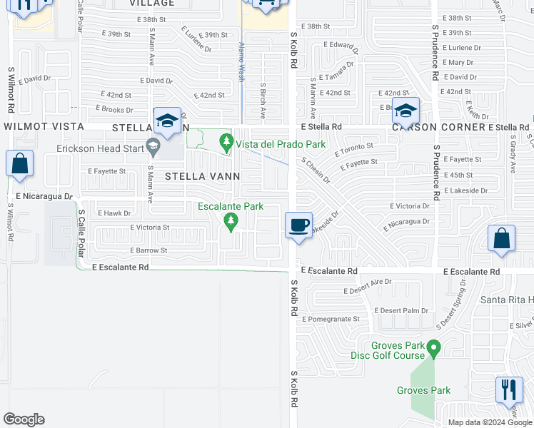 map of restaurants, bars, coffee shops, grocery stores, and more near 7027 Typhoon Flyer Way in Tucson