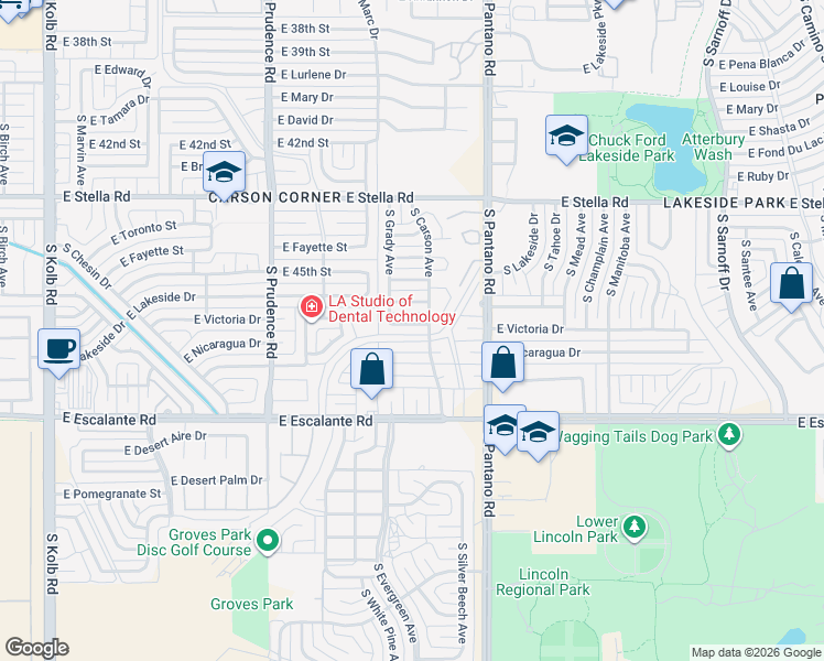 map of restaurants, bars, coffee shops, grocery stores, and more near 7730 East Victoria Drive in Tucson