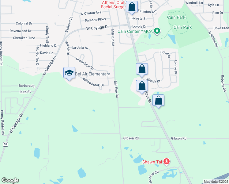map of restaurants, bars, coffee shops, grocery stores, and more near 1104 Mill Run Road in Athens