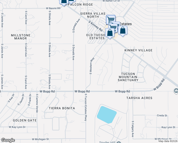 map of restaurants, bars, coffee shops, grocery stores, and more near 3488 South Western Way in Tucson