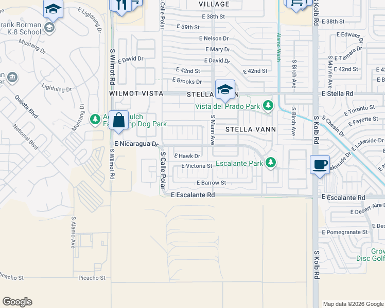 map of restaurants, bars, coffee shops, grocery stores, and more near 6612 East Nicaragua Drive in Tucson