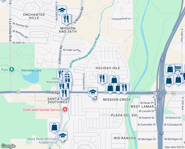 map of restaurants, bars, coffee shops, grocery stores, and more near Holiday Loop in Tucson