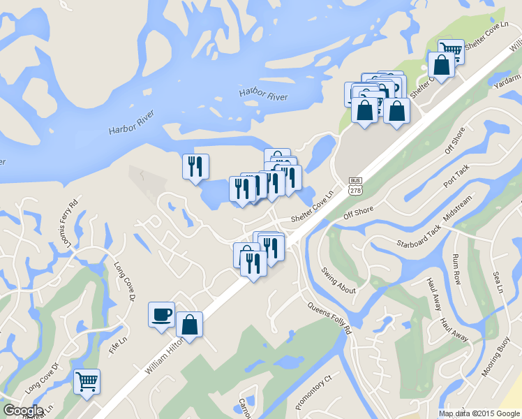 map of restaurants, bars, coffee shops, grocery stores, and more near 15 Harbourside Ln in Hilton Head Island