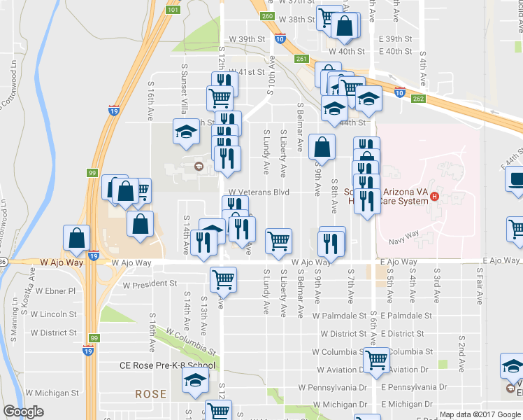 map of restaurants, bars, coffee shops, grocery stores, and more near 373 West Veterans Boulevard in Tucson