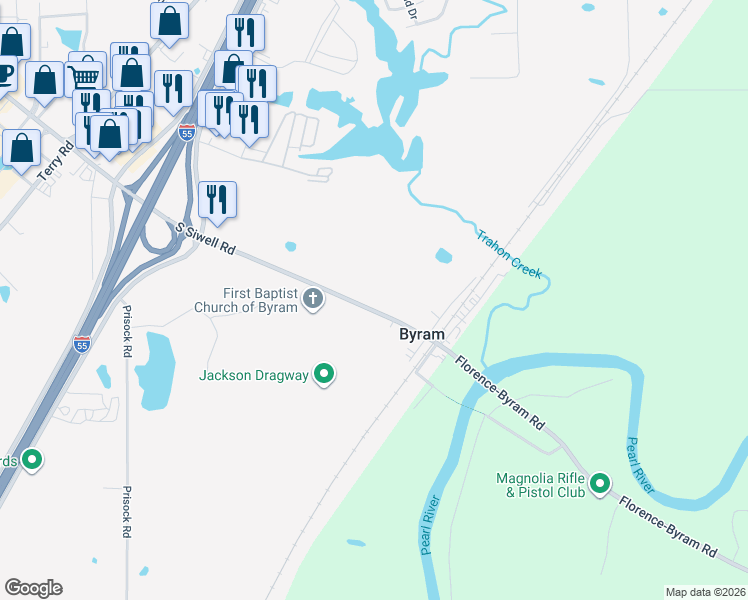 map of restaurants, bars, coffee shops, grocery stores, and more near 7562 South Siwell Road in Jackson