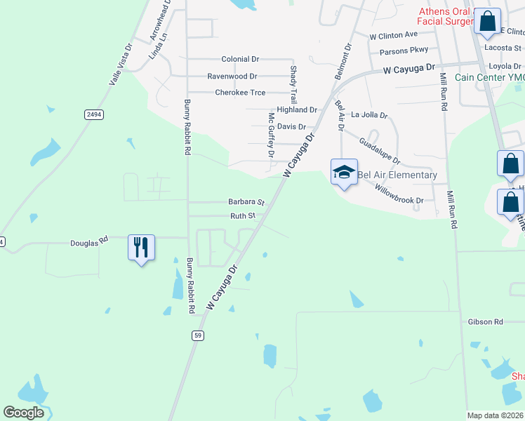 map of restaurants, bars, coffee shops, grocery stores, and more near 602 Barbara Street in Athens