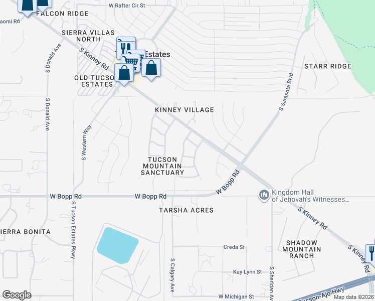 map of restaurants, bars, coffee shops, grocery stores, and more near 5717 West Briar Window Drive in Tucson