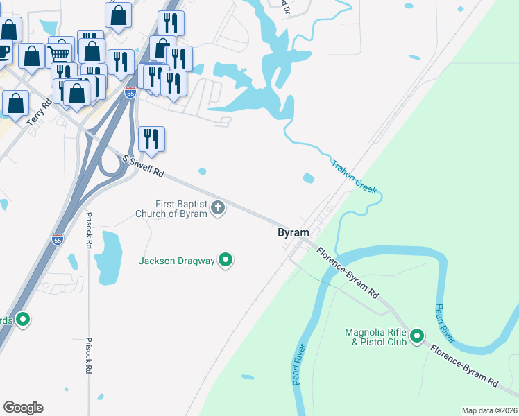 map of restaurants, bars, coffee shops, grocery stores, and more near 7562 South Siwell Road in Jackson