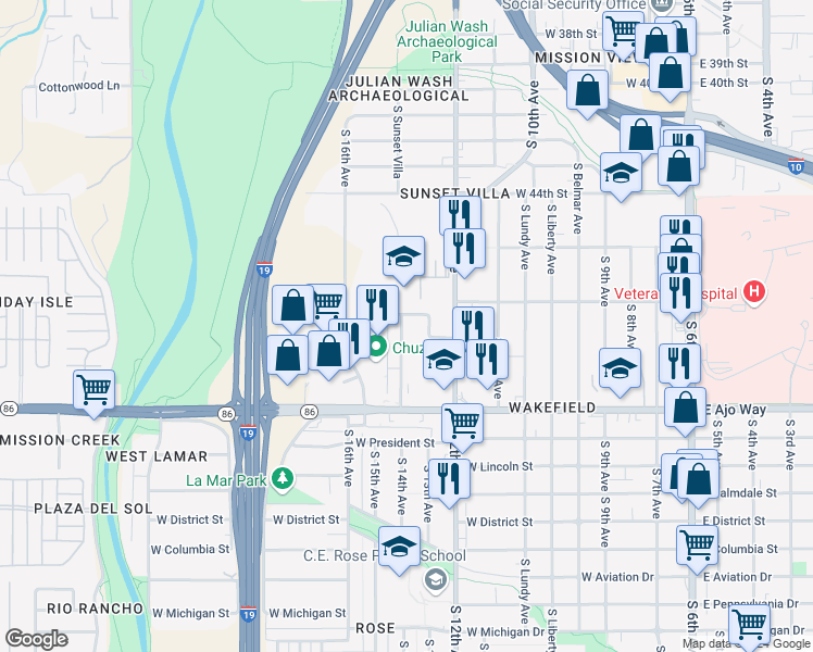 map of restaurants, bars, coffee shops, grocery stores, and more near 3619 South 14th Avenue in Tucson