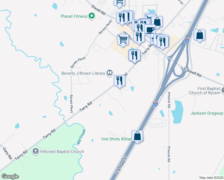 map of restaurants, bars, coffee shops, grocery stores, and more near Marketplace Drive in Byram