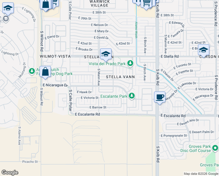 map of restaurants, bars, coffee shops, grocery stores, and more near 6726 East Nicaragua Drive in Tucson