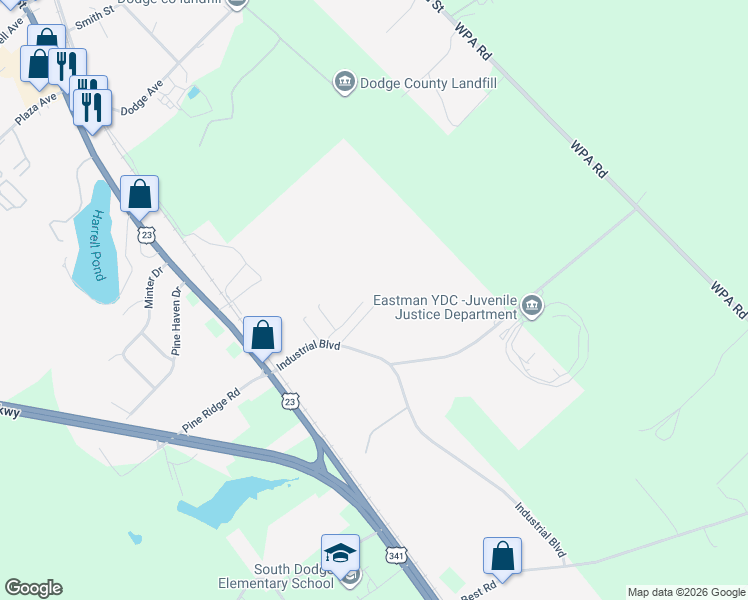 map of restaurants, bars, coffee shops, grocery stores, and more near 99 Freaman Graham Boulevard in Eastman