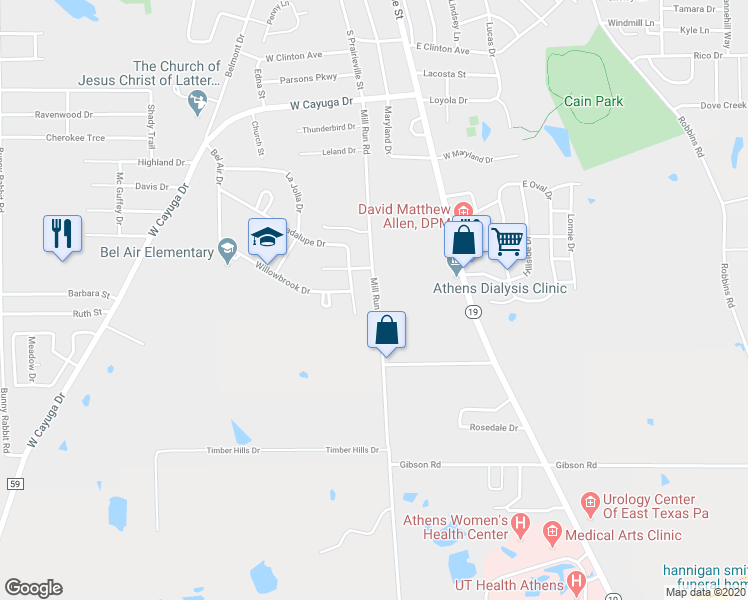 map of restaurants, bars, coffee shops, grocery stores, and more near 1106 Mill Run Road in Athens