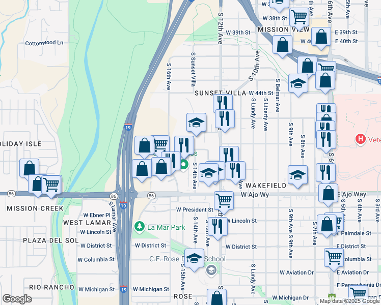 map of restaurants, bars, coffee shops, grocery stores, and more near 715 Calle Romeo in Tucson