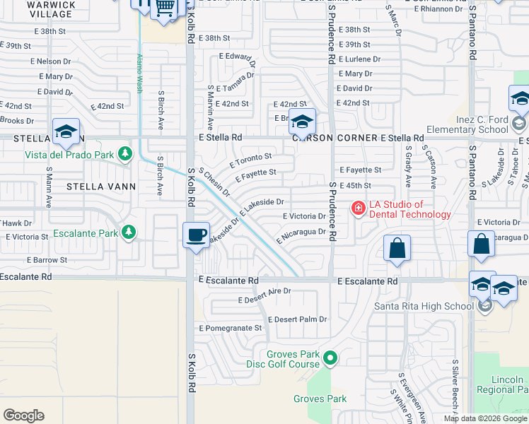 map of restaurants, bars, coffee shops, grocery stores, and more near 7321 East Victoria Drive in Tucson