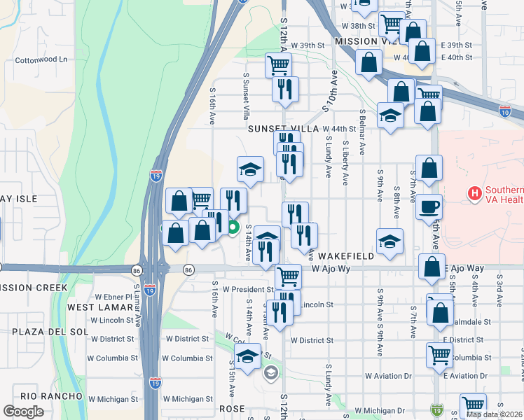map of restaurants, bars, coffee shops, grocery stores, and more near 3602 South 13th Avenue in Tucson