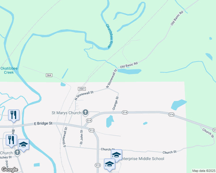 map of restaurants, bars, coffee shops, grocery stores, and more near Old Basic Road in Enterprise