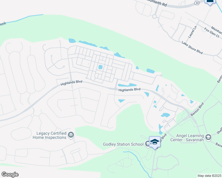 map of restaurants, bars, coffee shops, grocery stores, and more near Highlands Boulevard in Pooler
