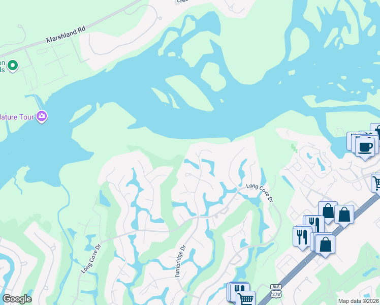 map of restaurants, bars, coffee shops, grocery stores, and more near 59 Turnbridge Drive in Hilton Head Island