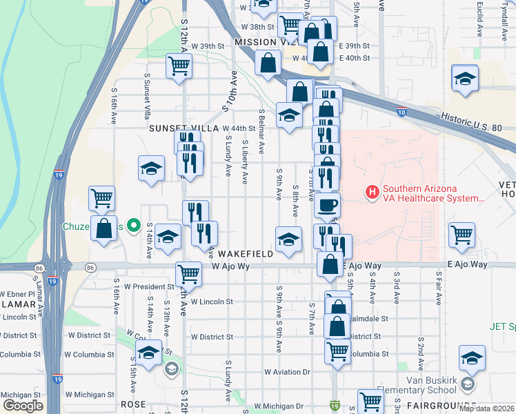 map of restaurants, bars, coffee shops, grocery stores, and more near 3620 South Belmar Avenue in Tucson