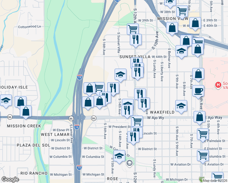 map of restaurants, bars, coffee shops, grocery stores, and more near 3601 South 16th Avenue in Tucson