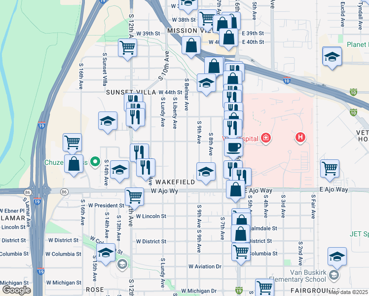 map of restaurants, bars, coffee shops, grocery stores, and more near 3620 South Belmar Avenue in Tucson