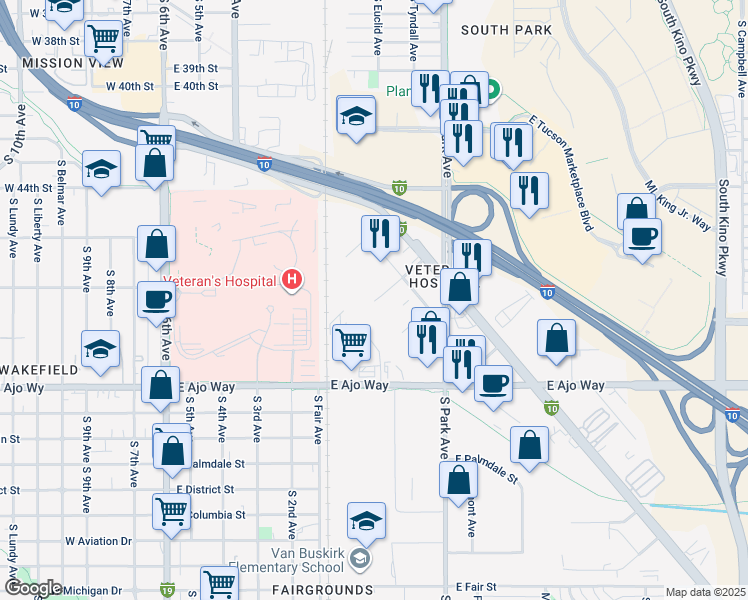 map of restaurants, bars, coffee shops, grocery stores, and more near 701 East 46th Street in Tucson