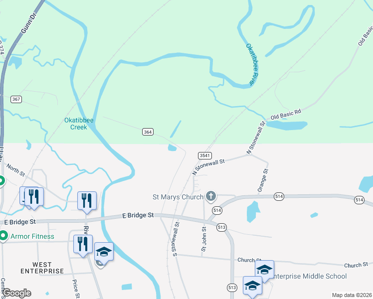 map of restaurants, bars, coffee shops, grocery stores, and more near 212 North Stonewall Street in Enterprise
