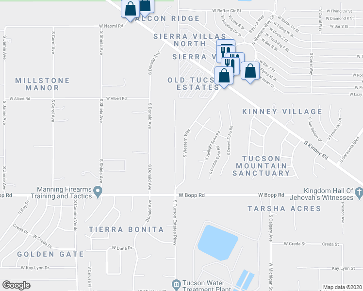 map of restaurants, bars, coffee shops, grocery stores, and more near 3488 South Western Way in Tucson