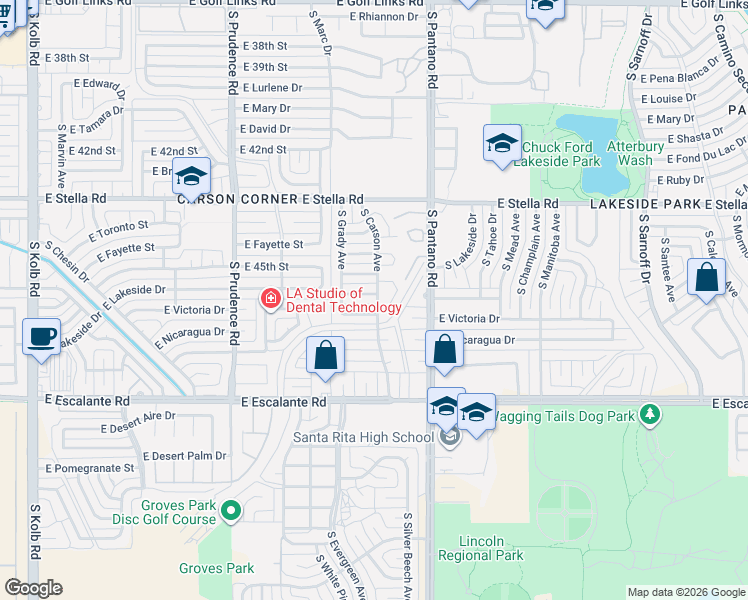 map of restaurants, bars, coffee shops, grocery stores, and more near 7750 East Winnepeg Drive in Tucson