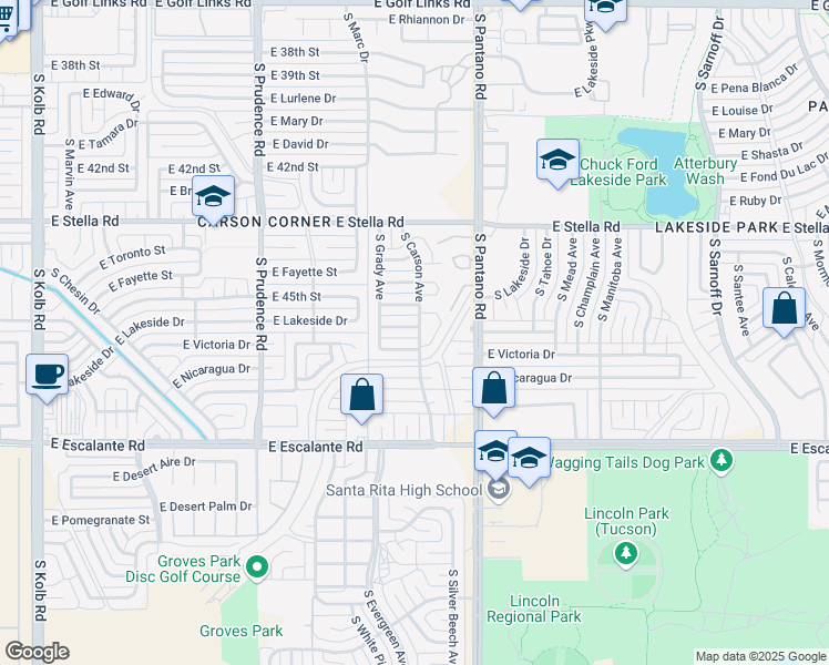 map of restaurants, bars, coffee shops, grocery stores, and more near 7750 East Winnepeg Drive in Tucson