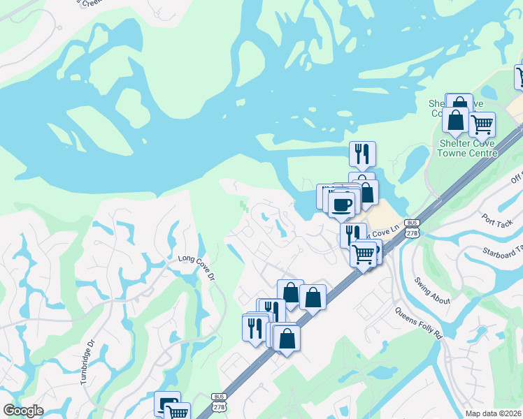 map of restaurants, bars, coffee shops, grocery stores, and more near 3 Shelter Cove Lane in Hilton Head Island