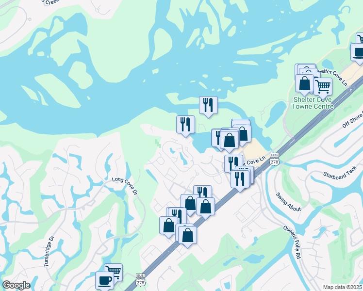 map of restaurants, bars, coffee shops, grocery stores, and more near 1 Shelter Cove Lane in Hilton Head Island
