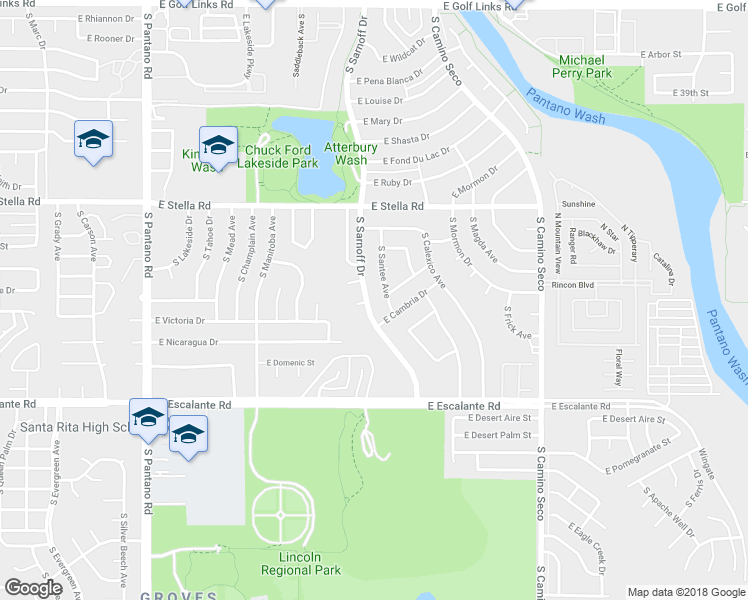 map of restaurants, bars, coffee shops, grocery stores, and more near 3439 South Sarnoff Drive in Tucson