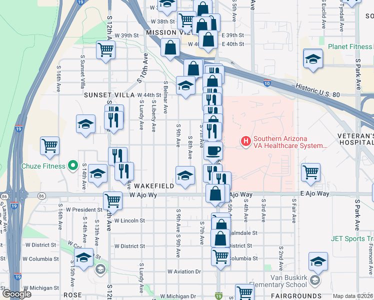 map of restaurants, bars, coffee shops, grocery stores, and more near 3609 South 9th Avenue in Tucson