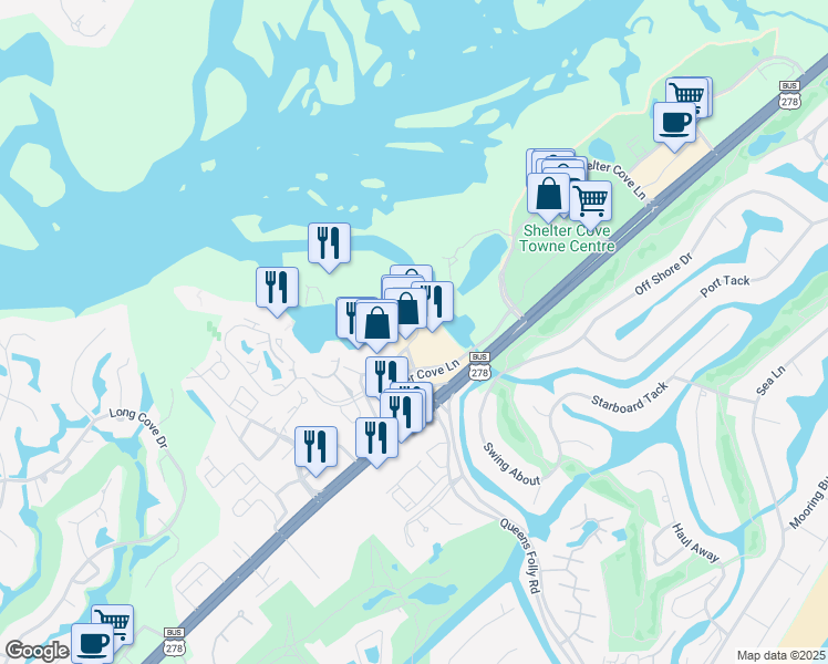 map of restaurants, bars, coffee shops, grocery stores, and more near 18 Harbourside Lane in Hilton Head Island