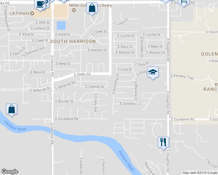 map of restaurants, bars, coffee shops, grocery stores, and more near 9870 East Celeste Drive in Tucson