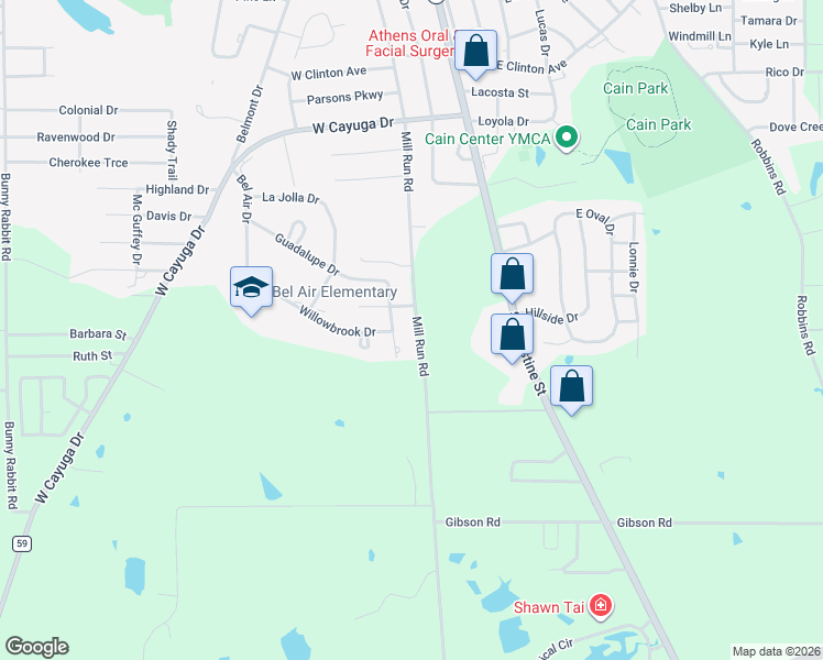 map of restaurants, bars, coffee shops, grocery stores, and more near 1104 Mill Run Road in Athens