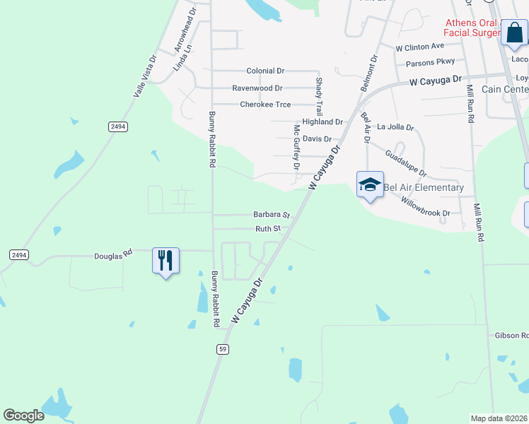 map of restaurants, bars, coffee shops, grocery stores, and more near 709 Barbara Street in Athens