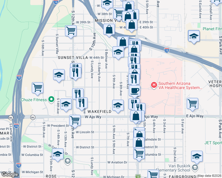 map of restaurants, bars, coffee shops, grocery stores, and more near 3609 South 9th Avenue in Tucson