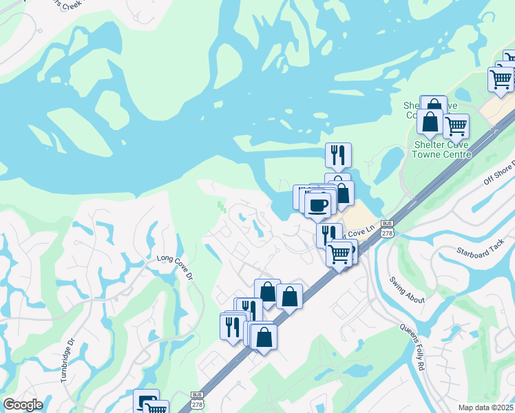 map of restaurants, bars, coffee shops, grocery stores, and more near 2 Shelter Cove Lane in Hilton Head Island