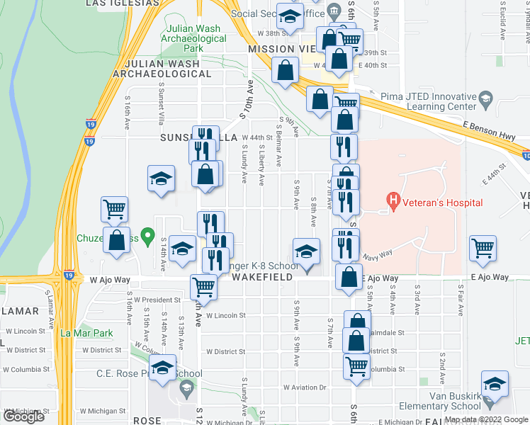 map of restaurants, bars, coffee shops, grocery stores, and more near 325 West Veterans Boulevard in Tucson